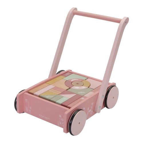 Járássegítő kocsi, építőkockákkal pink - Little Dutch