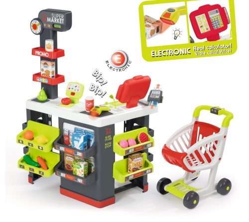 Smoby Kisbolt bevásárlókocsival,piros elektronikus pénztárgéppel, vonalkódolvasóval, mérleggel
